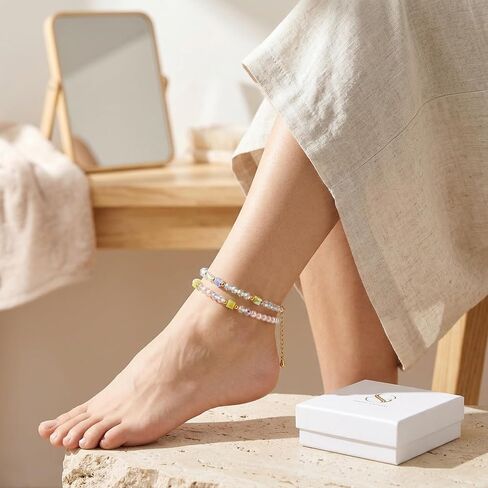 Cutefox Layered Crystal Anklet for Women Handmade Beaded Foot Chain Anklet with Faux Pearls & Iridescent Glass Beads, Adjustable Sexy Summer Beach Jewelry Accessories, Gift for Her 3 Pcs Total in Saudi Arabia