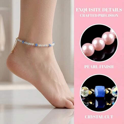 Cutefox Layered Crystal Anklet for Women Handmade Beaded Foot Chain Anklet with Faux Pearls & Iridescent Glass Beads, Adjustable Sexy Summer Beach Jewelry Accessories, Gift for Her 3 Pcs Total in Saudi Arabia