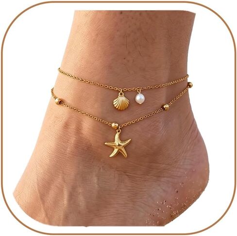 MODRSA Shell Starfish Gold Anklet for Women Pearl Pendant Stacked Gold Chain Anklets Waterproof Adjustable Boho Jewelry no Tarnish Vacation Accessories Trendy Gifts for Women Summer Beach Accessories in Kuwait