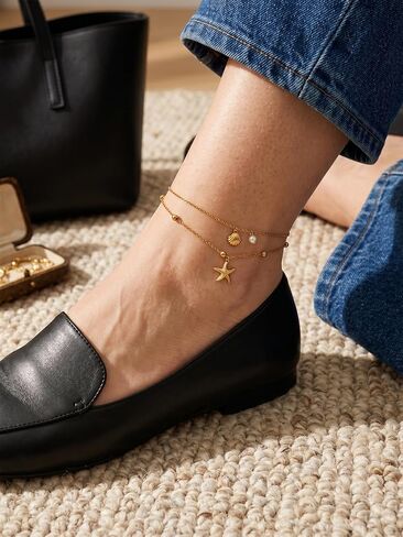 MODRSA Shell Starfish Gold Anklet for Women Pearl Pendant Stacked Gold Chain Anklets Waterproof Adjustable Boho Jewelry no Tarnish Vacation Accessories Trendy Gifts for Women Summer Beach Accessories in Kuwait