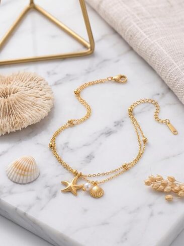 MODRSA Shell Starfish Gold Anklet for Women Pearl Pendant Stacked Gold Chain Anklets Waterproof Adjustable Boho Jewelry no Tarnish Vacation Accessories Trendy Gifts for Women Summer Beach Accessories in Kuwait