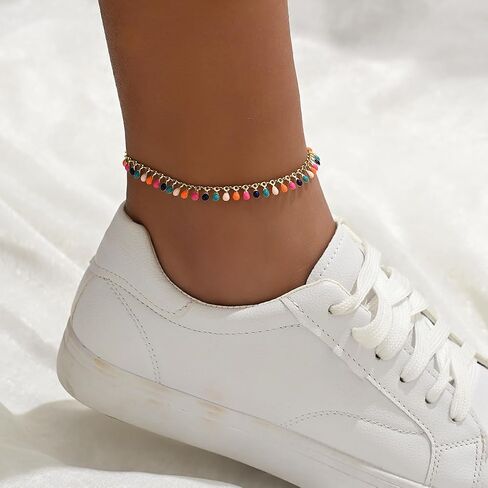 Colorful Beaded Anklet for Women, Boho Multicolor Dangle Anklet, Adjustable Summer Beach Foot Accessory, Trendy Layering Jewelry Gift in Kuwait