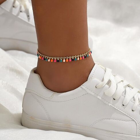 Colorful Beaded Anklet for Women, Boho Multicolor Dangle Anklet, Adjustable Summer Beach Foot Accessory, Trendy Layering Jewelry Gift in Kuwait