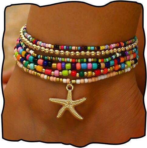 Anklet Bracelet Set for Women Starfish Colorful Beaded Anklet Boho Layered Stretch Foot Jewelry Summer Beach Vacation Gift in Saudi Arabia