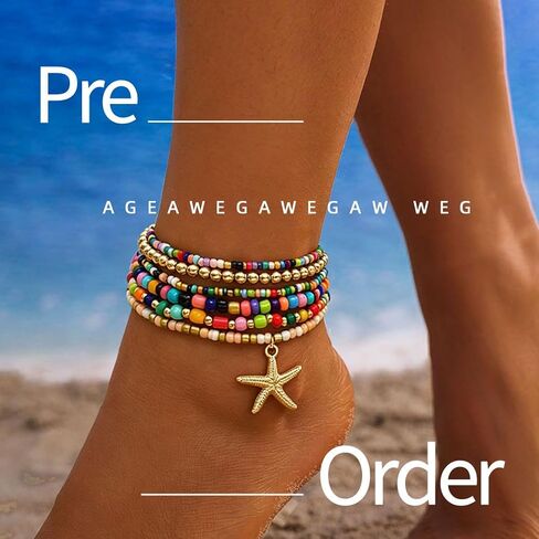 Anklet Bracelet Set for Women Starfish Colorful Beaded Anklet Boho Layered Stretch Foot Jewelry Summer Beach Vacation Gift in Saudi Arabia