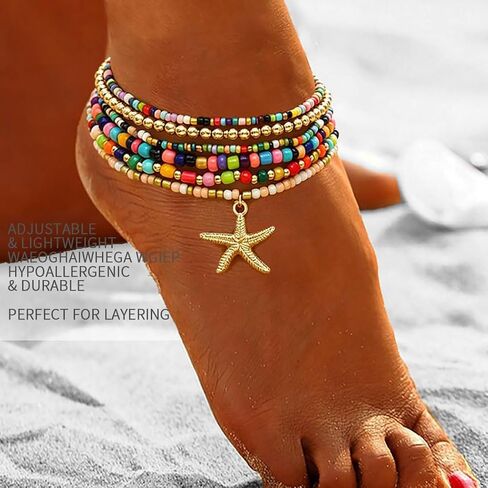 Anklet Bracelet Set for Women Starfish Colorful Beaded Anklet Boho Layered Stretch Foot Jewelry Summer Beach Vacation Gift in Saudi Arabia
