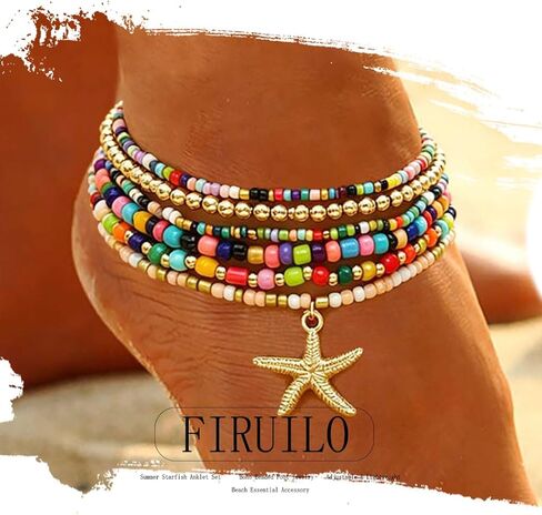 Anklet Bracelet Set for Women Starfish Colorful Beaded Anklet Boho Layered Stretch Foot Jewelry Summer Beach Vacation Gift in Saudi Arabia