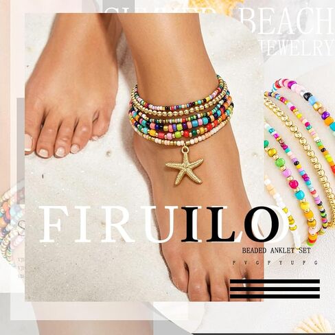 Anklet Bracelet Set for Women Starfish Colorful Beaded Anklet Boho Layered Stretch Foot Jewelry Summer Beach Vacation Gift in Saudi Arabia