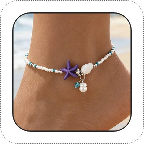 Beaded Ankle Bracelets for Women Boho Starfish Shell Pearl Beaded Ankle Bracelets Stacked Strench Silver Ankle Bracelet Non Tarnish Adjustable Hawaiian Summer Beach Surfer Foot Jewelry in Kuwait