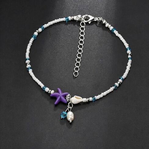 Beaded Ankle Bracelets for Women Boho Starfish Shell Pearl Beaded Ankle Bracelets Stacked Strench Silver Ankle Bracelet Non Tarnish Adjustable Hawaiian Summer Beach Surfer Foot Jewelry in Kuwait