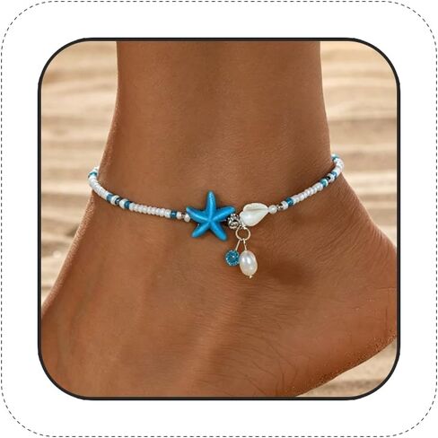Beaded Ankle Bracelets for Women Boho Starfish Shell Pearl Beaded Ankle Bracelets Stacked Strench Silver Ankle Bracelet Non Tarnish Adjustable Hawaiian Summer Beach Surfer Foot Jewelry in Saudi Arabia