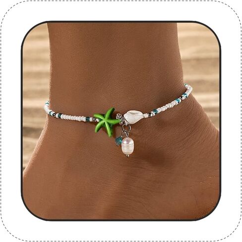 Beaded Ankle Bracelets for Women Boho Starfish Shell Pearl Beaded Ankle Bracelets Stacked Strench Silver Ankle Bracelet Non Tarnish Adjustable Hawaiian Summer Beach Surfer Foot Jewelry in Kuwait