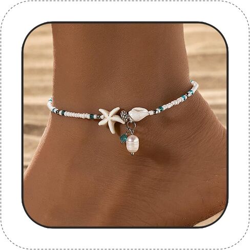 Beaded Ankle Bracelets for Women Boho Starfish Shell Pearl Beaded Ankle Bracelets Stacked Strench Silver Ankle Bracelet Non Tarnish Adjustable Hawaiian Summer Beach Surfer Foot Jewelry in Kuwait