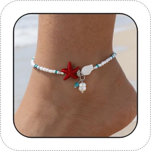 Beaded Ankle Bracelets for Women Boho Starfish Shell Pearl Beaded Ankle Bracelets Stacked Strench Silver Ankle Bracelet Non Tarnish Adjustable Hawaiian Summer Beach Surfer Foot Jewelry in Kuwait
