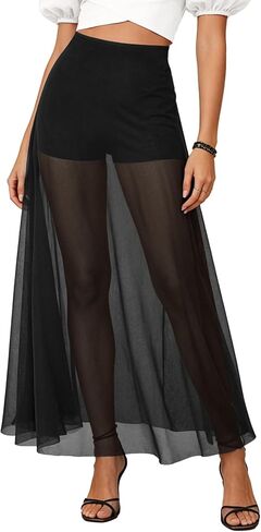 Women's High Waist A-Line Sheer Mesh Maxi Skirt with Built-in Shorts - Trendy See Through Summer Going Out Long Skirt in Saudi Arabia