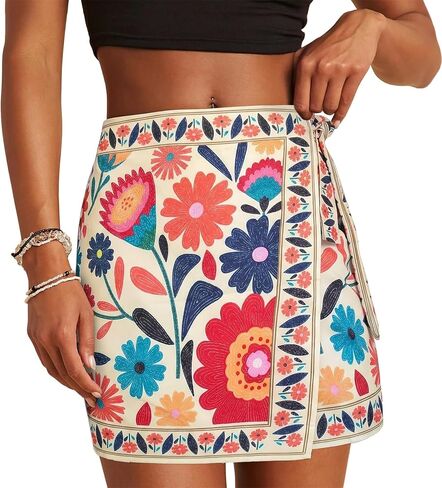 Womens Wrap Skirt Summer Mini Skirts Red Floral Printed High Waist A Line Beach Short Skirt(Red,L) in Saudi Arabia