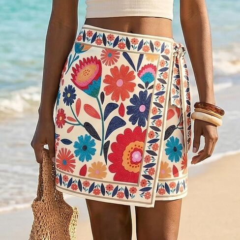 Womens Wrap Skirt Summer Mini Skirts Red Floral Printed High Waist A Line Beach Short Skirt(Red,L) in Saudi Arabia