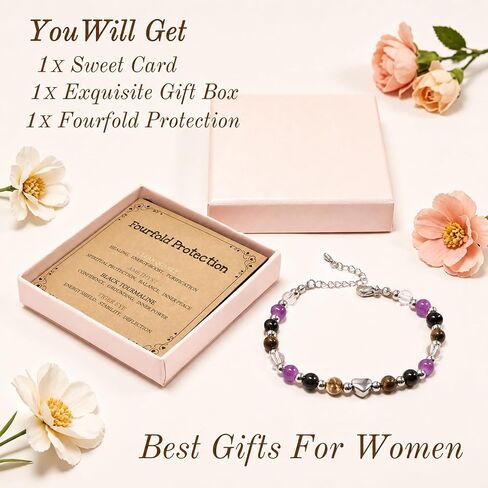Women's Natural Crystal Protection Bracelet - Anxiety Relief Good Luck New Beginnings Bracelets for Women,Adjustable Triple Protection Inspirational Spiritual Jewelry Gifts for Mama Friend Coworker in Kuwait