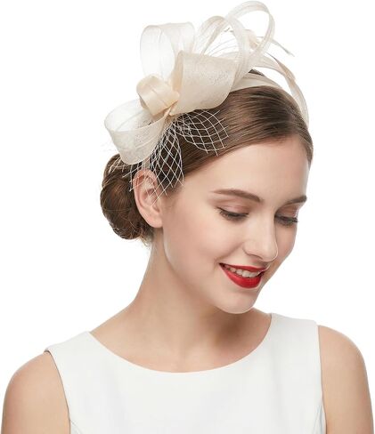 Sucrain Fascinators Hats for Women,Feather Mesh Tea Party Hat for Cocktail, Wedding, Church,Fancy Dress Party(Champagne) in Kuwait