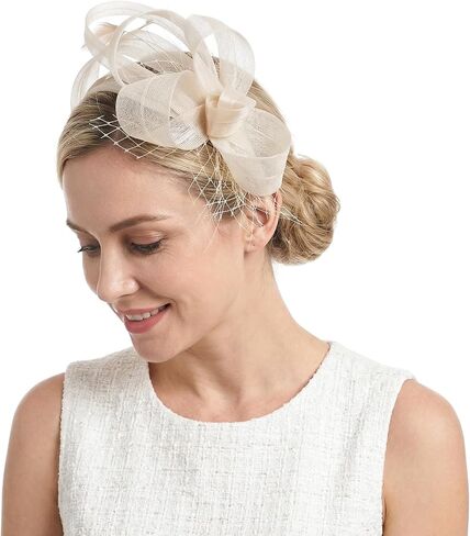 Sucrain Fascinators Hats for Women,Feather Mesh Tea Party Hat for Cocktail, Wedding, Church,Fancy Dress Party(Champagne) in Kuwait