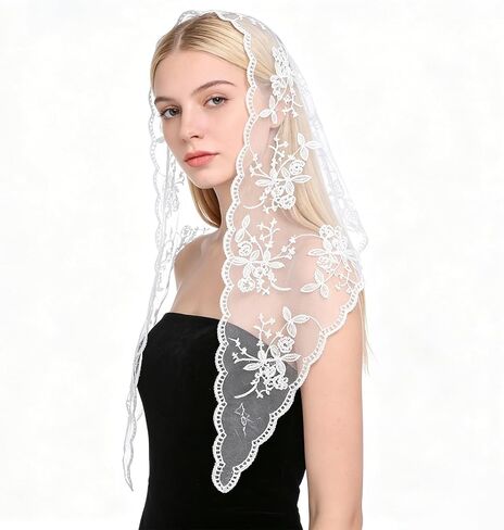 Jeffdad White Lace Mantilla Veil, Floral Lace Scarf Triangle Neck Scarf Embroidered Laces Head Scarfs Women Triangle Veil Vintage Latin Mass Veils for Church Wedding Brides in Kuwait