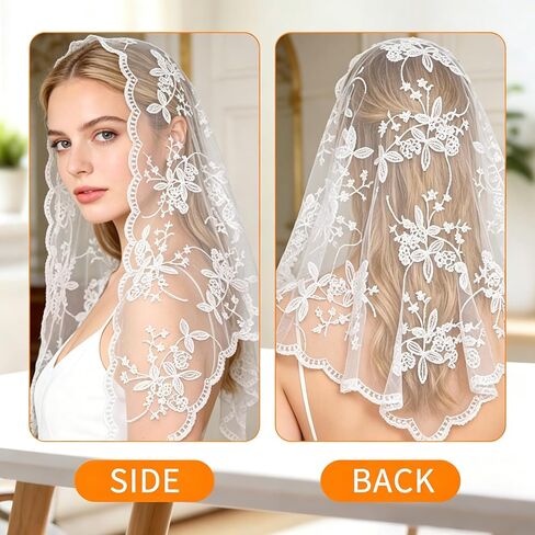Jeffdad White Lace Mantilla Veil, Floral Lace Scarf Triangle Neck Scarf Embroidered Laces Head Scarfs Women Triangle Veil Vintage Latin Mass Veils for Church Wedding Brides in Kuwait