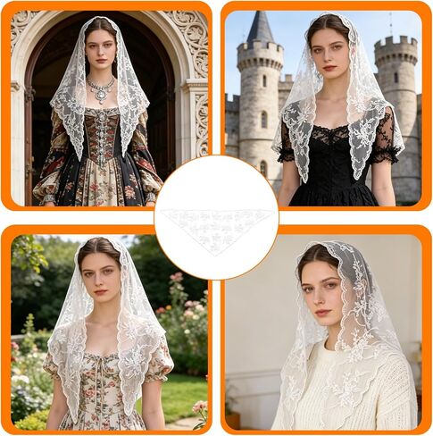 Jeffdad White Lace Mantilla Veil, Floral Lace Scarf Triangle Neck Scarf Embroidered Laces Head Scarfs Women Triangle Veil Vintage Latin Mass Veils for Church Wedding Brides in Kuwait
