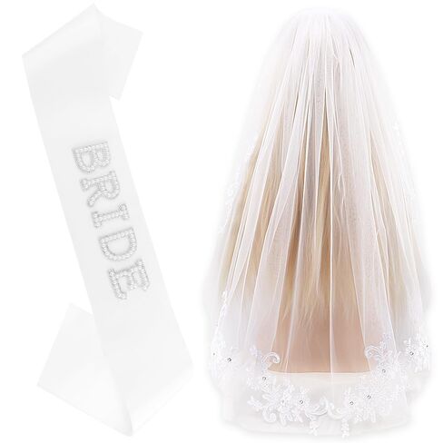 AOPRIE Bride Veil Silver Sash for Women Girls Bridal Shower Supplies Bachelorette Party Decorations Birthday Gift Sets White, 2 Pack in Kuwait