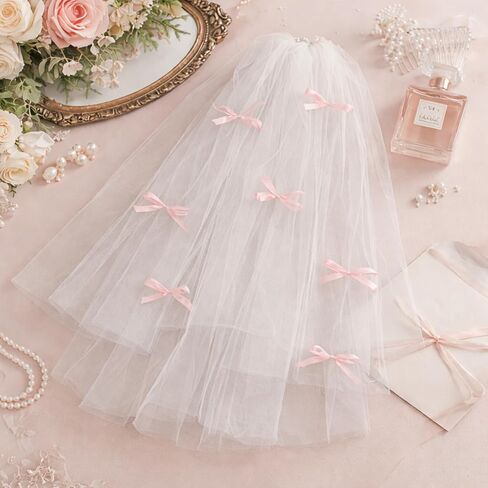 Pink Bow Bridal Veil, Short Wedding Veil Bachelorette Party Veil for Bridal Shower, Engagement in Saudi Arabia