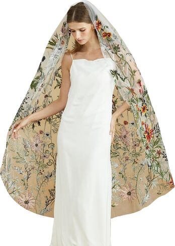 BEAUTELICATE Floral Wedding Veil Waltz Length Bridal Veil with Metal Comb Aquatic Plants Embroidered OffWhite in Kuwait
