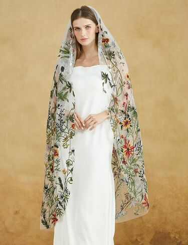 BEAUTELICATE Floral Wedding Veil Waltz Length Bridal Veil with Metal Comb Aquatic Plants Embroidered OffWhite in Kuwait
