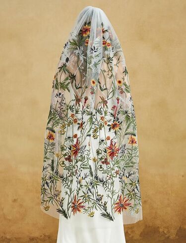 BEAUTELICATE Floral Wedding Veil Waltz Length Bridal Veil with Metal Comb Aquatic Plants Embroidered OffWhite in Kuwait