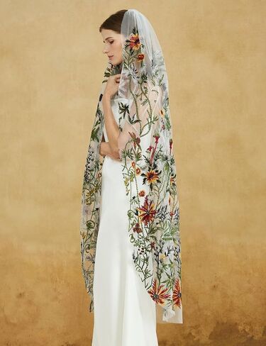 BEAUTELICATE Floral Wedding Veil Waltz Length Bridal Veil with Metal Comb Aquatic Plants Embroidered OffWhite in Kuwait