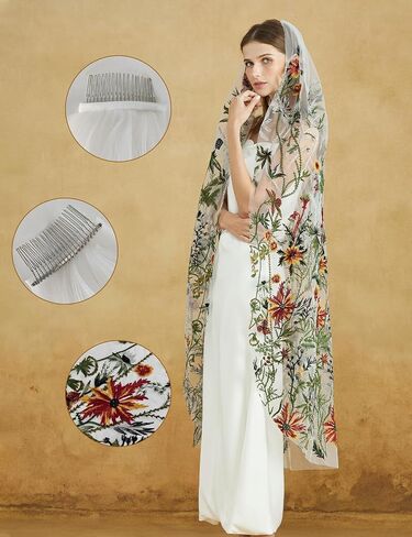 BEAUTELICATE Floral Wedding Veil Waltz Length Bridal Veil with Metal Comb Aquatic Plants Embroidered OffWhite in Kuwait