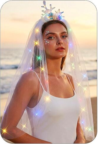 Unsutuo Light Up Veils Mermaid Wedding Veil Pearl Seashells Veil Elbow Length for Women and Girls in Kuwait