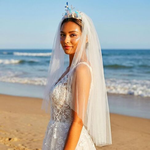 Unsutuo Light Up Veils Mermaid Wedding Veil Pearl Seashells Veil Elbow Length for Women and Girls in Kuwait