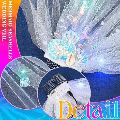 Unsutuo Light Up Veils Mermaid Wedding Veil Pearl Seashells Veil Elbow Length for Women and Girls in Kuwait