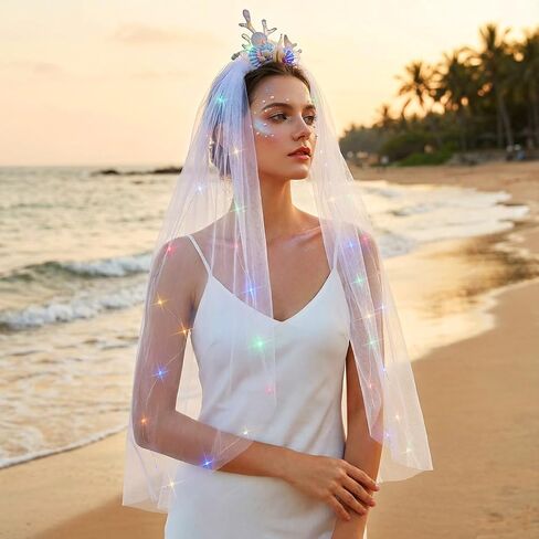 Unsutuo Light Up Veils Mermaid Wedding Veil Pearl Seashells Veil Elbow Length for Women and Girls in Kuwait