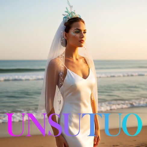Unsutuo Light Up Veils Mermaid Wedding Veil Pearl Seashells Veil Elbow Length for Women and Girls in Kuwait