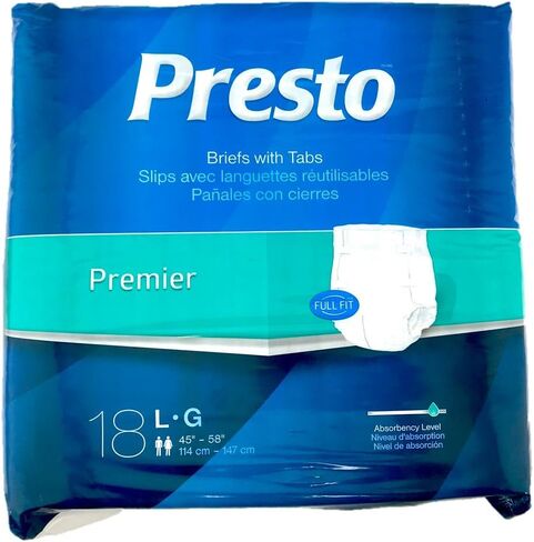 Presto Premier Full Fit Adult Briefs with Tabs, Large (45–58 Inch Waist) – Moderate Absorbency Incontinence Briefs, Breathable Adult Diapers, Unisex – 72 Count (4 Bags of 18) in Kuwait