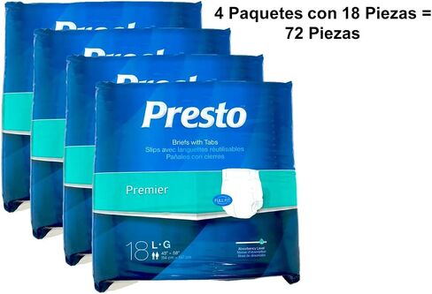 Presto Premier Full Fit Adult Briefs with Tabs, Large (45–58 Inch Waist) – Moderate Absorbency Incontinence Briefs, Breathable Adult Diapers, Unisex – 72 Count (4 Bags of 18) in Kuwait