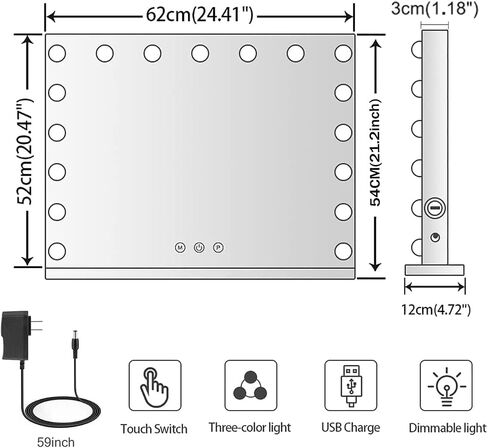 Kottova Vanity Mirror with Lights, 24.4"x21.2" Lighted Makeup Mirror with 3 Dimmable Color Modes,17 LED Hollywood Mirror with Touch Control, USB Charging Port, Tabletop & Wall-Mounted (White) in Saudi Arabia