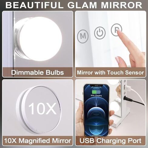 Kottova Vanity Mirror with Lights, 24.4"x21.2" Lighted Makeup Mirror with 3 Dimmable Color Modes,17 LED Hollywood Mirror with Touch Control, USB Charging Port, Tabletop & Wall-Mounted (White) in Saudi Arabia
