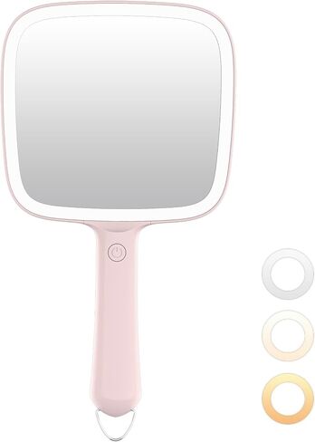 Famihomii Lighted Handheld Mirror, Handheld Mirror with 3 Light Color, Led Hand Mirror for Women, Makeup Mirror with Handle Hole Hanging Portable Travel Vanity for Girls, Battery Operated, Gifts in Kuwait