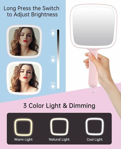 Famihomii Lighted Handheld Mirror, Handheld Mirror with 3 Light Color, Led Hand Mirror for Women, Makeup Mirror with Handle Hole Hanging Portable Travel Vanity for Girls, Battery Operated, Gifts in Kuwait