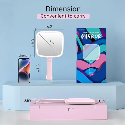 Famihomii Lighted Handheld Mirror, Handheld Mirror with 3 Light Color, Led Hand Mirror for Women, Makeup Mirror with Handle Hole Hanging Portable Travel Vanity for Girls, Battery Operated, Gifts in Kuwait