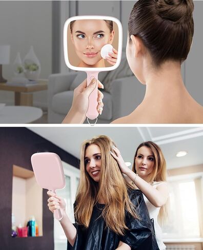 Famihomii Lighted Handheld Mirror, Handheld Mirror with 3 Light Color, Led Hand Mirror for Women, Makeup Mirror with Handle Hole Hanging Portable Travel Vanity for Girls, Battery Operated, Gifts in Kuwait