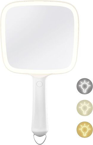 Famihomii Lighted Handheld Mirror, Handheld Mirror with 3 Light Color, Led Hand Mirror for Women, Makeup Mirror with Handle Hole Hanging Portable Travel Vanity for Girls, Battery Operated, Gifts in Kuwait