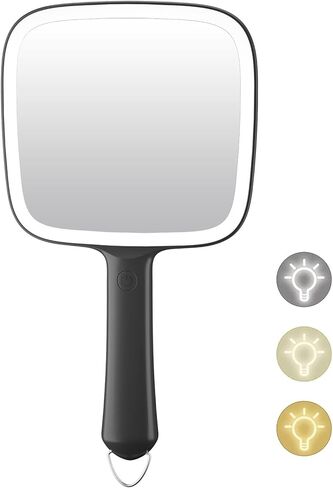 Famihomii Lighted Handheld Mirror, Handheld Mirror with 3 Light Color, Led Hand Mirror for Women, Makeup Mirror with Handle Hole Hanging Portable Travel Vanity for Girls, Battery Operated, Gifts in Kuwait