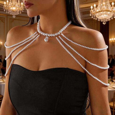 1 Piece Pearl Body Chain Bridal Wedding Bikini Beads Shoulder Layered Tassel Arm Chain Pearl Jewelry Festival Rave for Women in Saudi Arabia